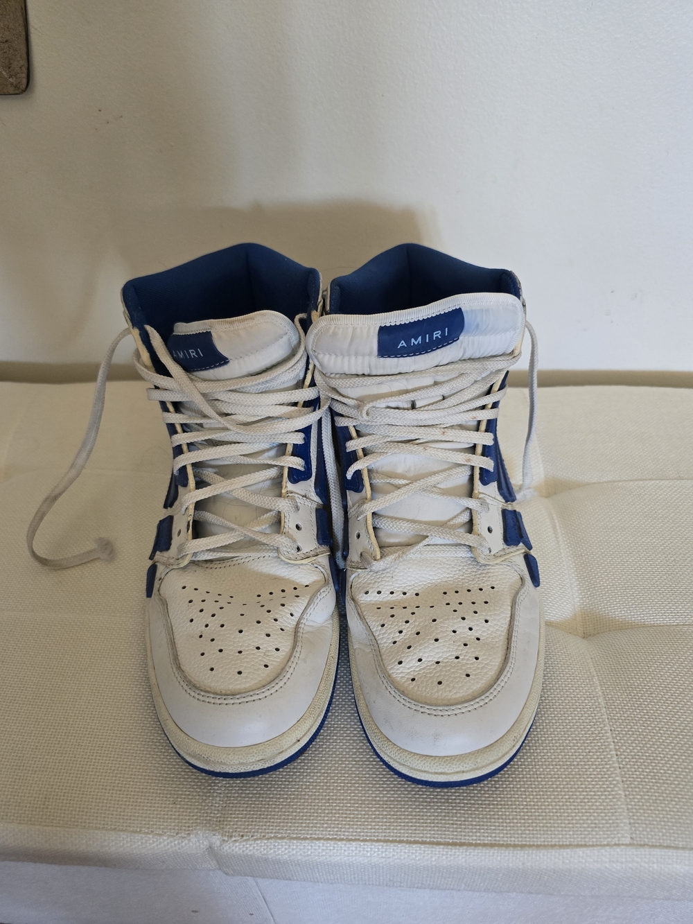 AMIRI White and Blue High Top Sneakers
